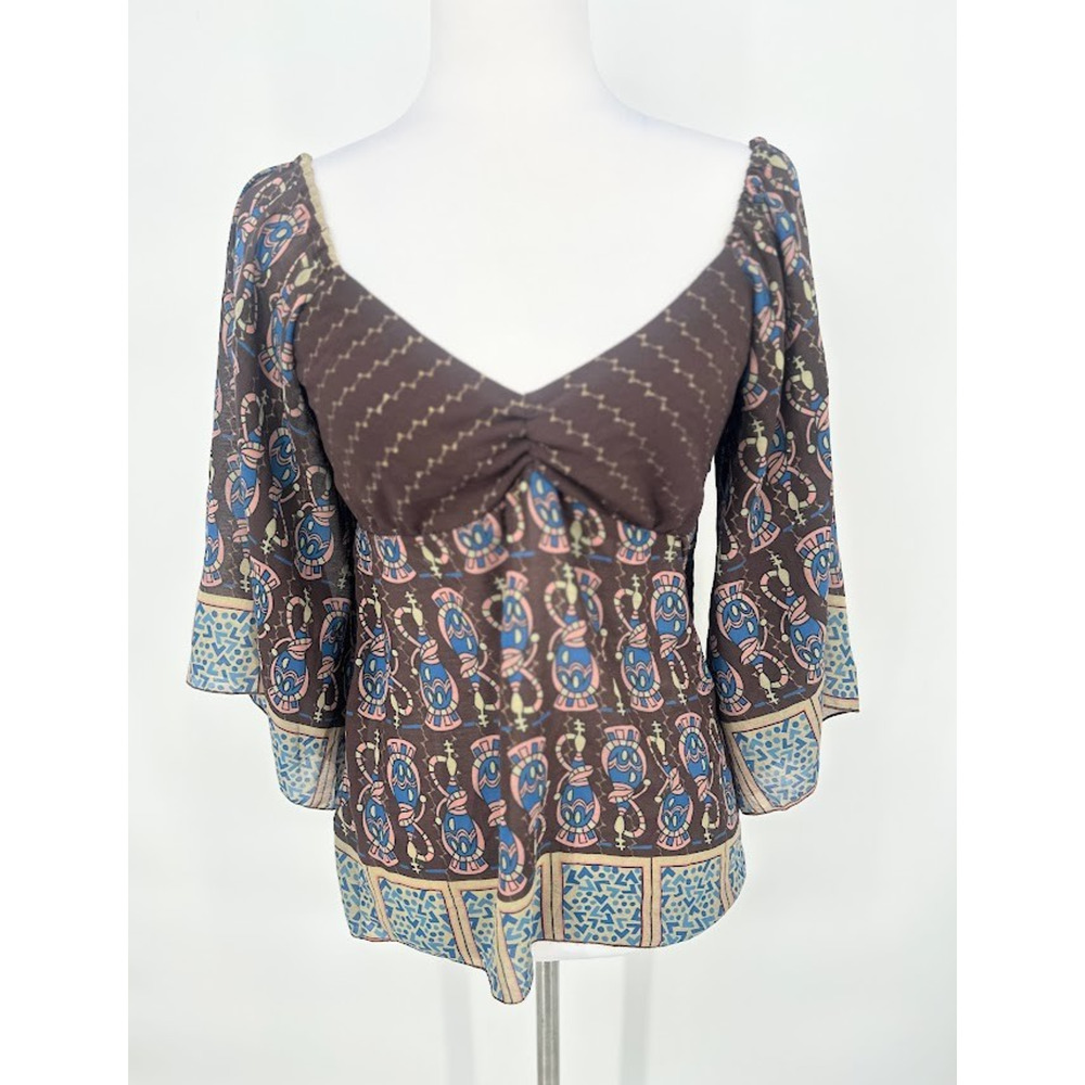 Tricia Fix Babydoll Y2K Top Women Size XS Bell Sleeve Brown Hippie Boho Festival